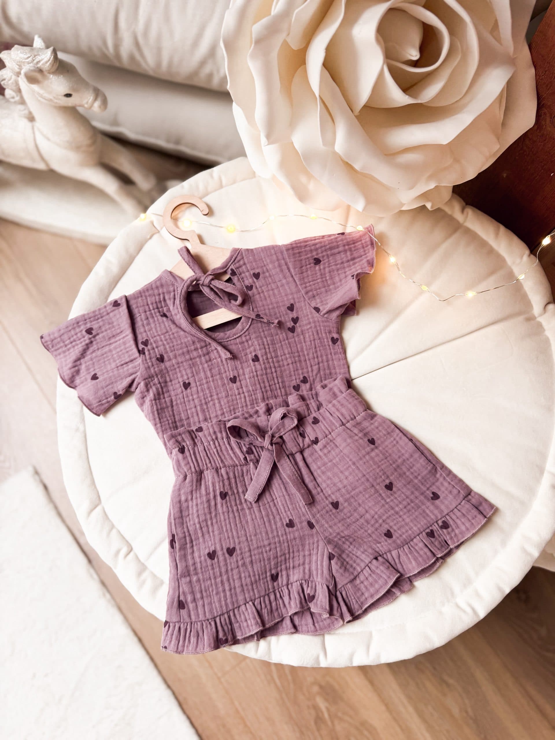 Komplet letni muślinowy Lovely hearts Purple